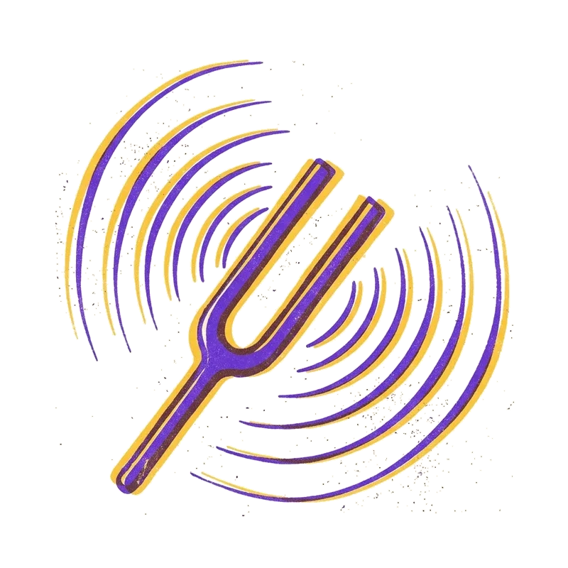 Riso print: a struck tuning fork ringing, ripples radiating from its tines