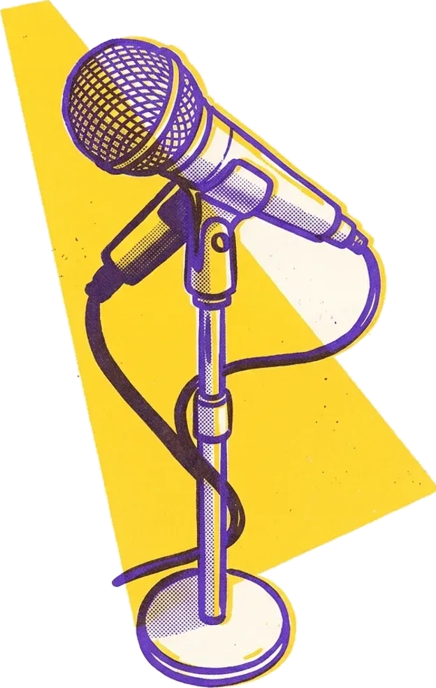 Riso print: a vintage vocal microphone on a stand in a wedge of stage light